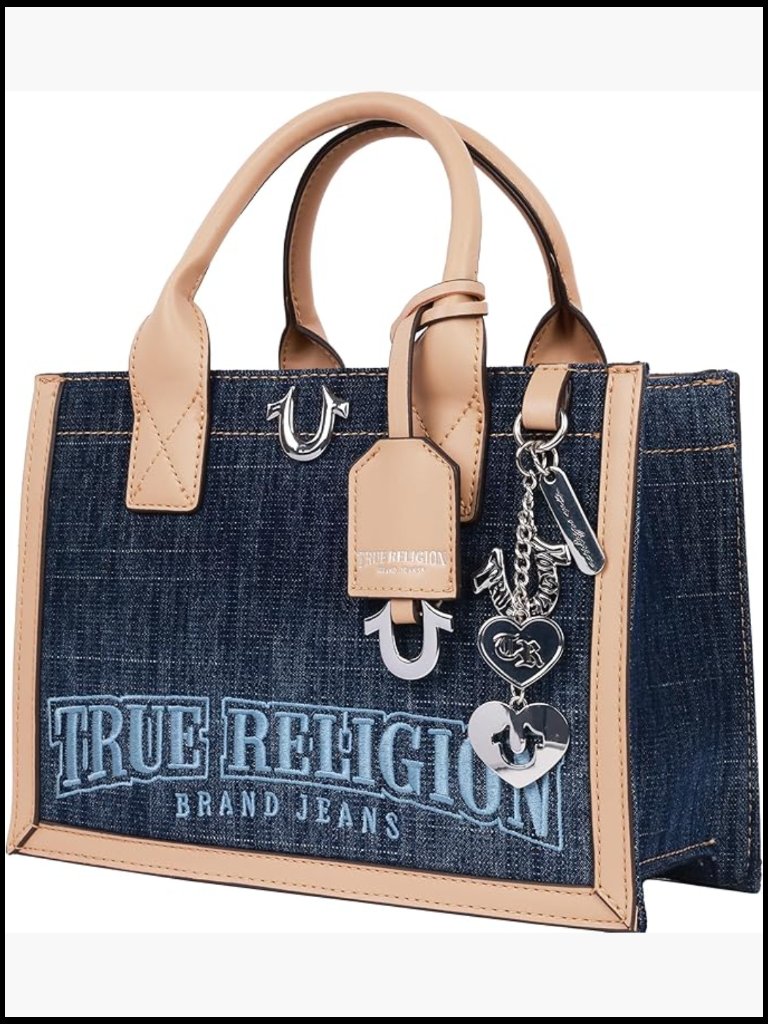Denim Tote Bag Structured Logo Embroidery Top Handles Detachable Strap